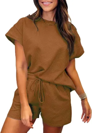 Miyaomn Trendy Waffle Lounge Set for Women Textured Short Sleeve Top and Shorts 2 Piece Tracksuit Outfit Pajamas with Pockets