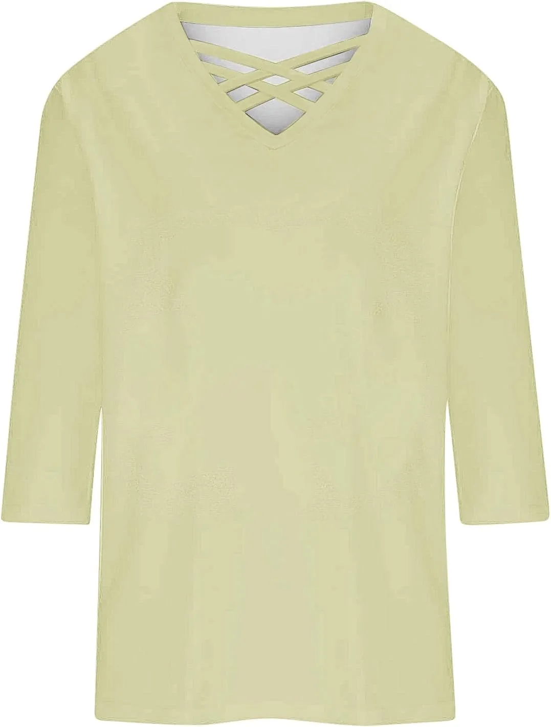 Miyaomn Women's 3/4 Sleeve T-Shirts Crisscross V Neck Solid Color Casual Blouse Slim Fit Lightweight Summer Autumn Basic Tops