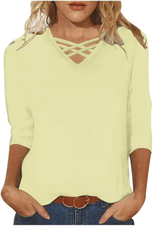 Miyaomn Women's 3/4 Sleeve T-Shirts Crisscross V Neck Solid Color Casual Blouse Slim Fit Lightweight Summer Autumn Basic Tops