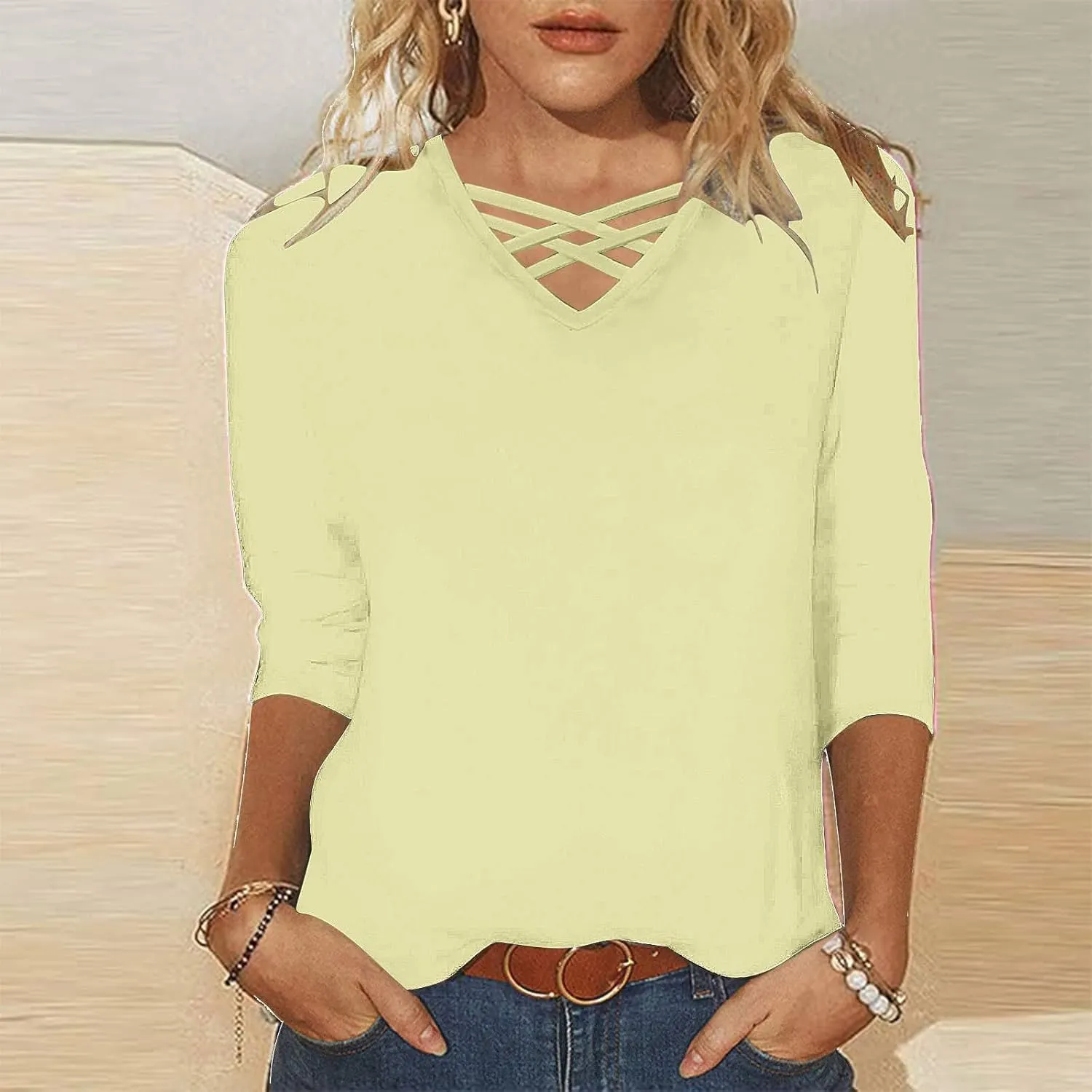 Miyaomn Women's 3/4 Sleeve T-Shirts Crisscross V Neck Solid Color Casual Blouse Slim Fit Lightweight Summer Autumn Basic Tops