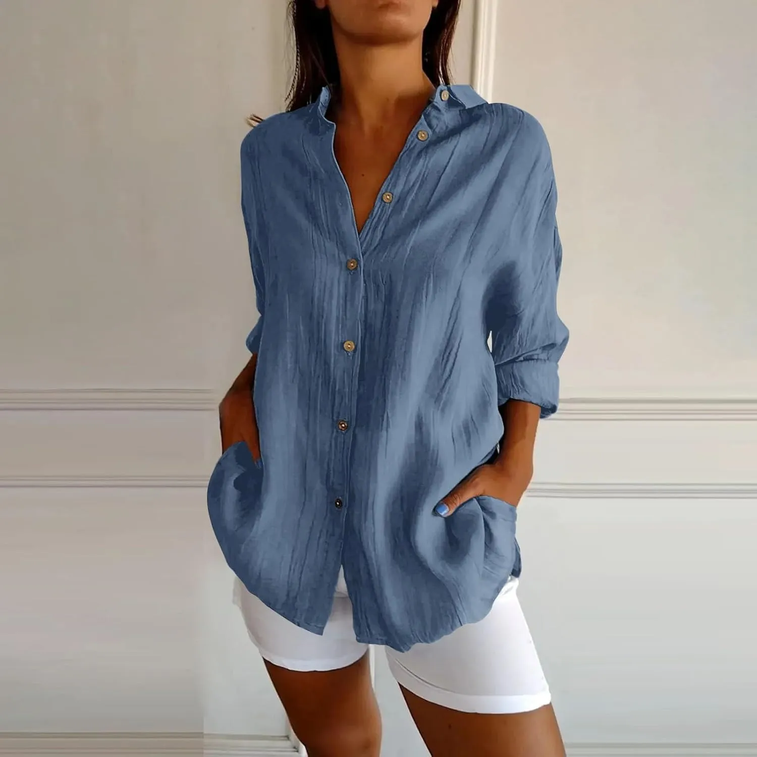 Miyaomn Womens Button Down Dress Shirts Cotton Linen Long Sleeve Collared Blouse Lightweight Slim Fit Solid V Neck Casual Top