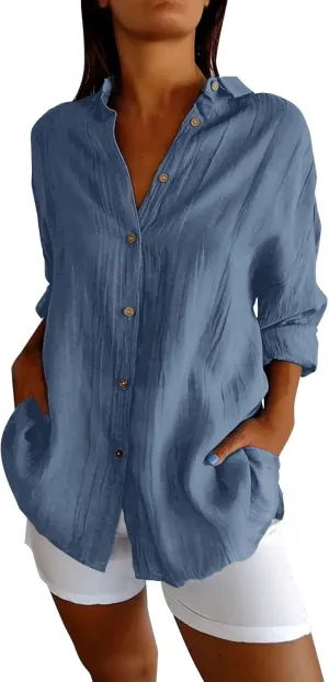 Miyaomn Womens Button Down Dress Shirts Cotton Linen Long Sleeve Collared Blouse Lightweight Slim Fit Solid V Neck Casual Top