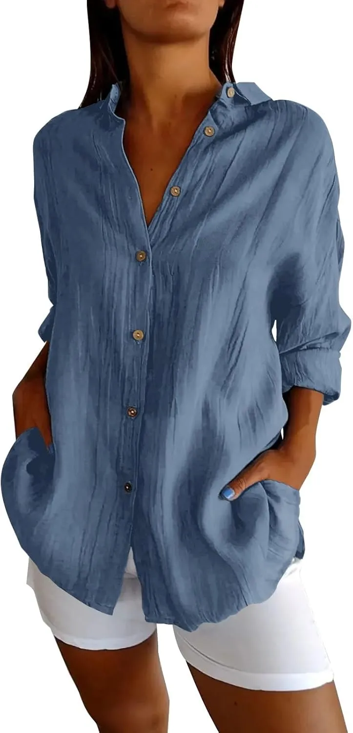 Miyaomn Womens Button Down Dress Shirts Cotton Linen Long Sleeve Collared Blouse Lightweight Slim Fit Solid V Neck Casual Top