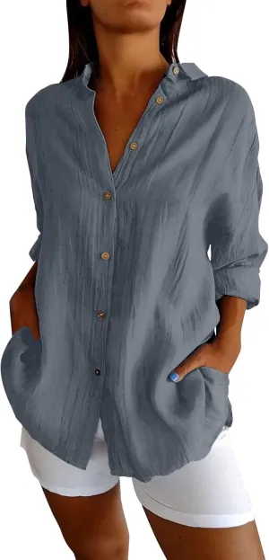 Miyaomn Womens Button Down Dress Shirts Cotton Linen Long Sleeve Collared Blouse Lightweight Slim Fit Solid V Neck Casual Top