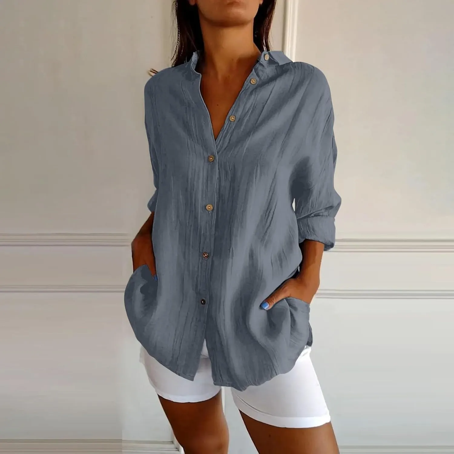 Miyaomn Womens Button Down Dress Shirts Cotton Linen Long Sleeve Collared Blouse Lightweight Slim Fit Solid V Neck Casual Top