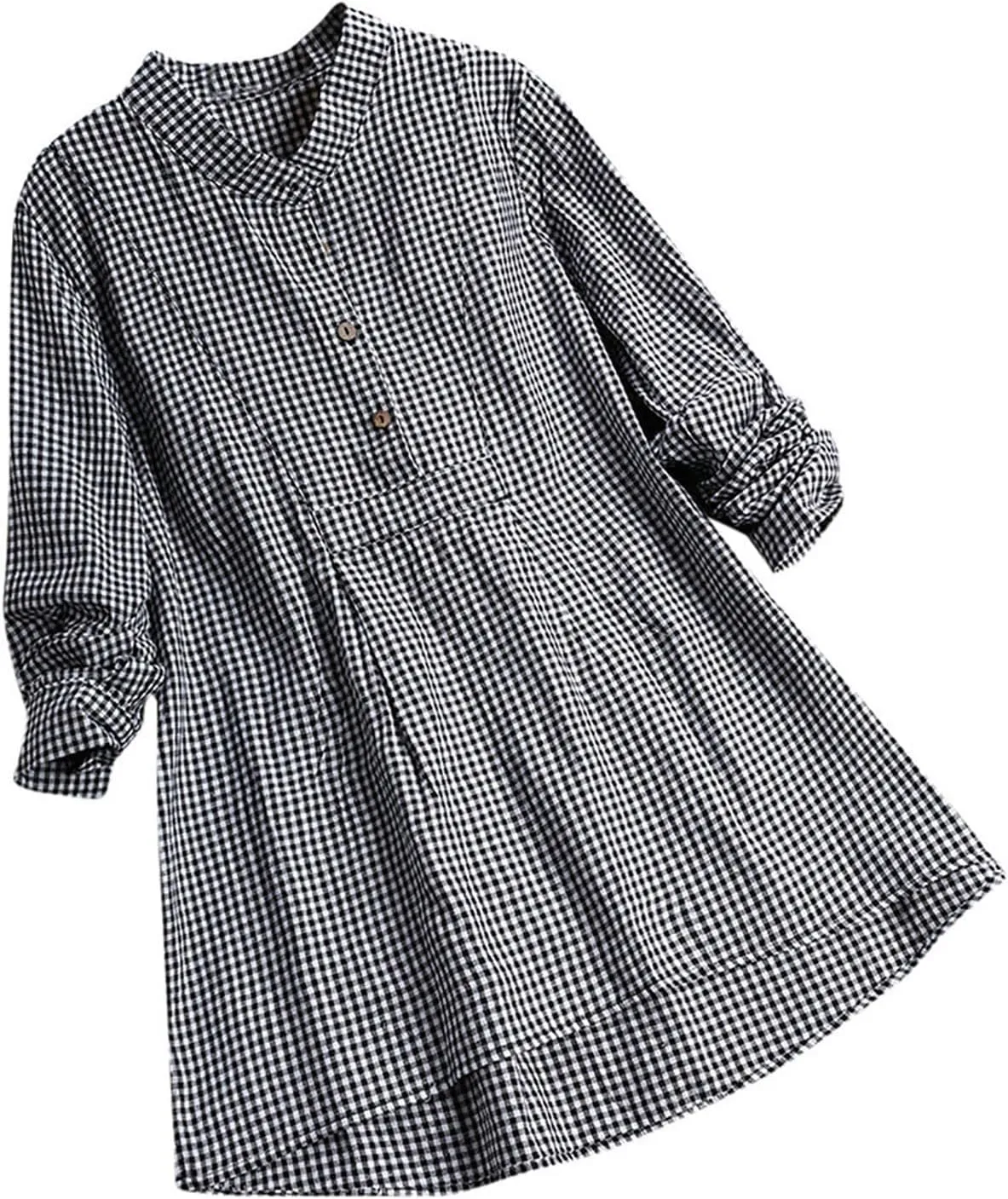 Miyaomn Womens Casual Plaid Henley Shirts Loose V Neck Button Up Hi-Low Pleated Tunic Tops Roll-Up Sleeve Flowy Spring Blouse