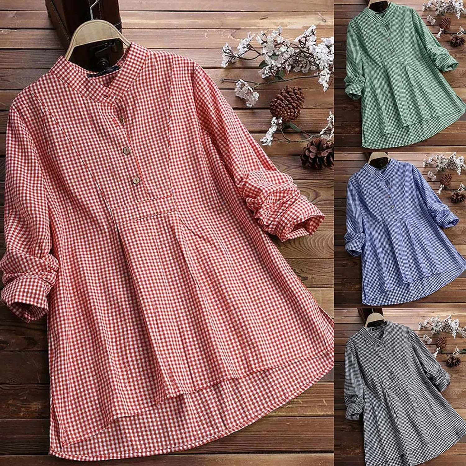 Miyaomn Womens Casual Plaid Henley Shirts Loose V Neck Button Up Hi-Low Pleated Tunic Tops Roll-Up Sleeve Flowy Spring Blouse