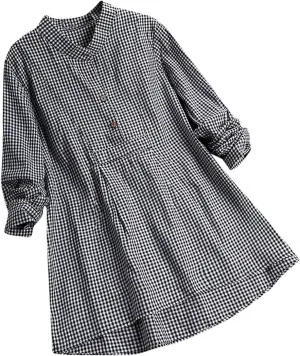 Miyaomn Womens Casual Plaid Henley Shirts Loose V Neck Button Up Hi-Low Pleated Tunic Tops Roll-Up Sleeve Flowy Spring Blouse