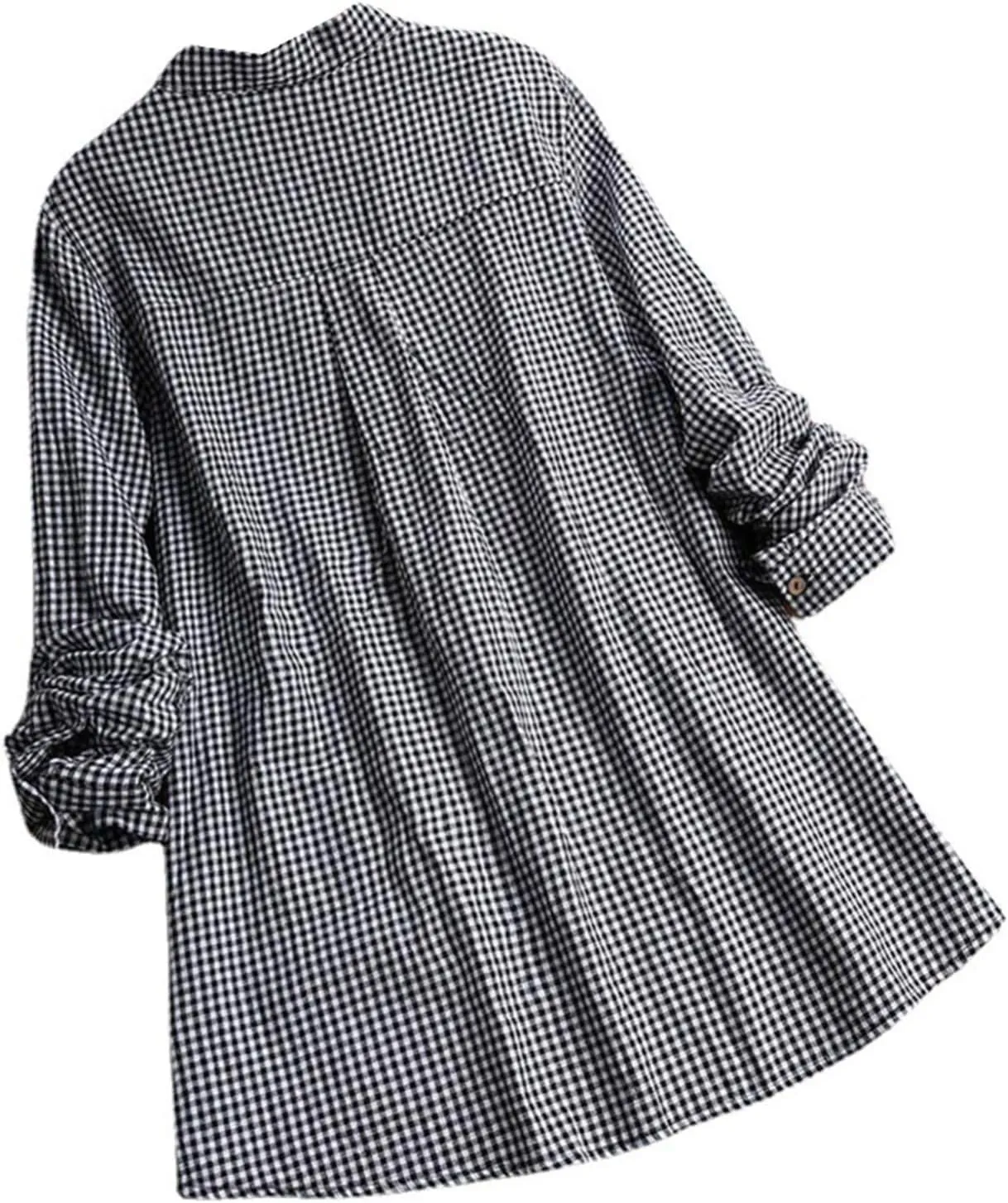 Miyaomn Womens Casual Plaid Henley Shirts Loose V Neck Button Up Hi-Low Pleated Tunic Tops Roll-Up Sleeve Flowy Spring Blouse