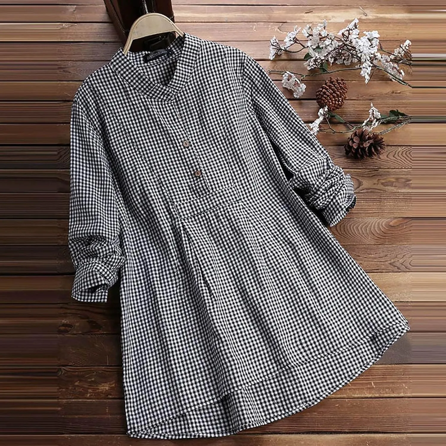 Miyaomn Womens Casual Plaid Henley Shirts Loose V Neck Button Up Hi-Low Pleated Tunic Tops Roll-Up Sleeve Flowy Spring Blouse