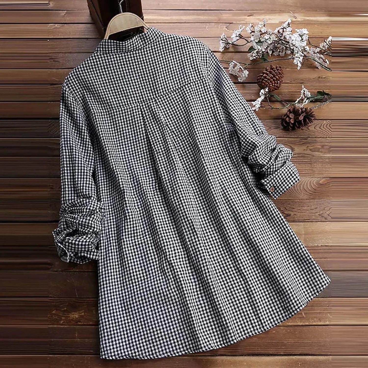 Miyaomn Womens Casual Plaid Henley Shirts Loose V Neck Button Up Hi-Low Pleated Tunic Tops Roll-Up Sleeve Flowy Spring Blouse