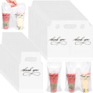 MJOGGOTT 1000 Count Handle Drinking Poly Bags, Thank You Clear Plastic Packaging Drinks Bags Drink Carrier with Handle Cup Carriers for Drinks Beverage Coffee Restaurant Bar, Hold 1 and 2 Cups