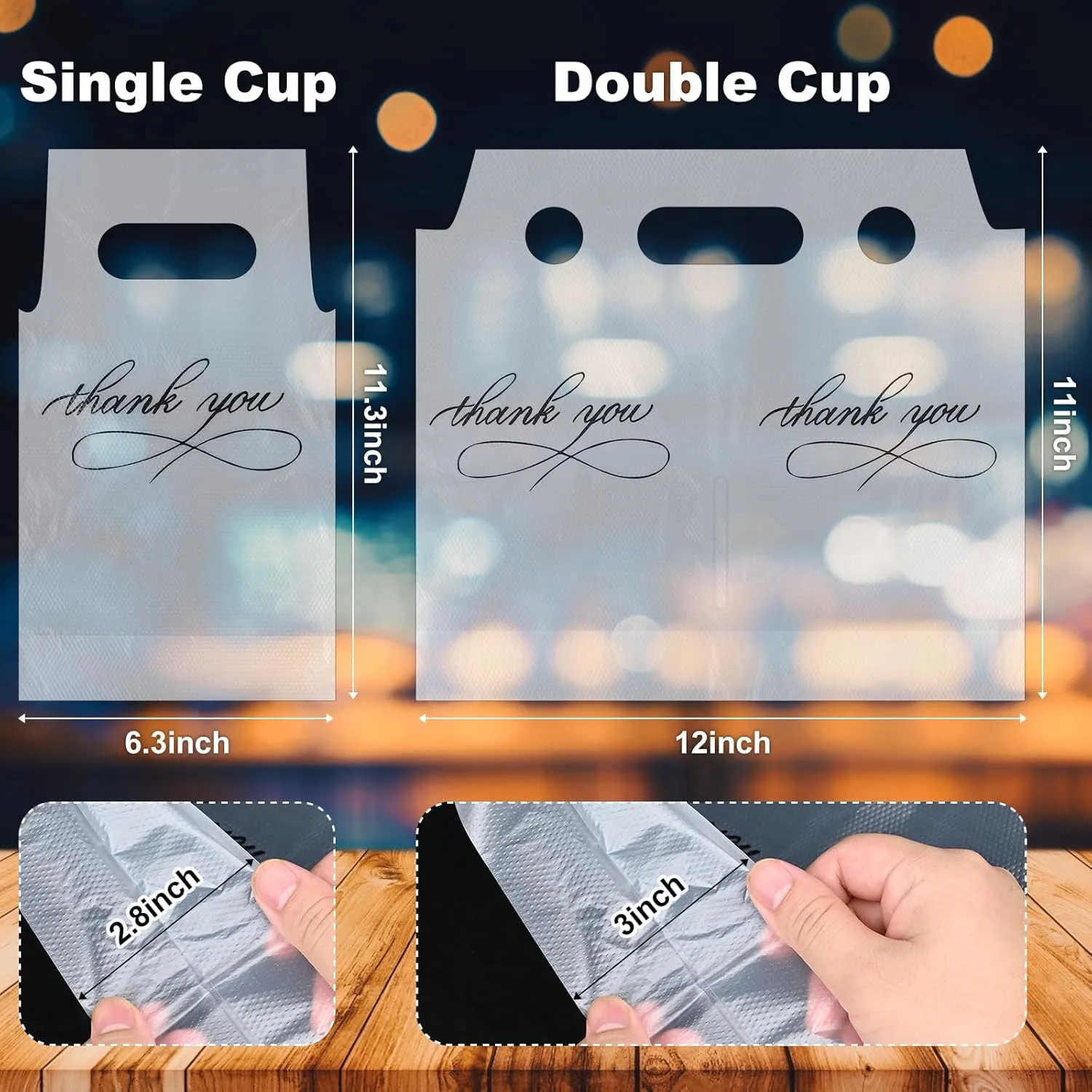 MJOGGOTT 1000 Count Handle Drinking Poly Bags, Thank You Clear Plastic Packaging Drinks Bags Drink Carrier with Handle Cup Carriers for Drinks Beverage Coffee Restaurant Bar, Hold 1 and 2 Cups