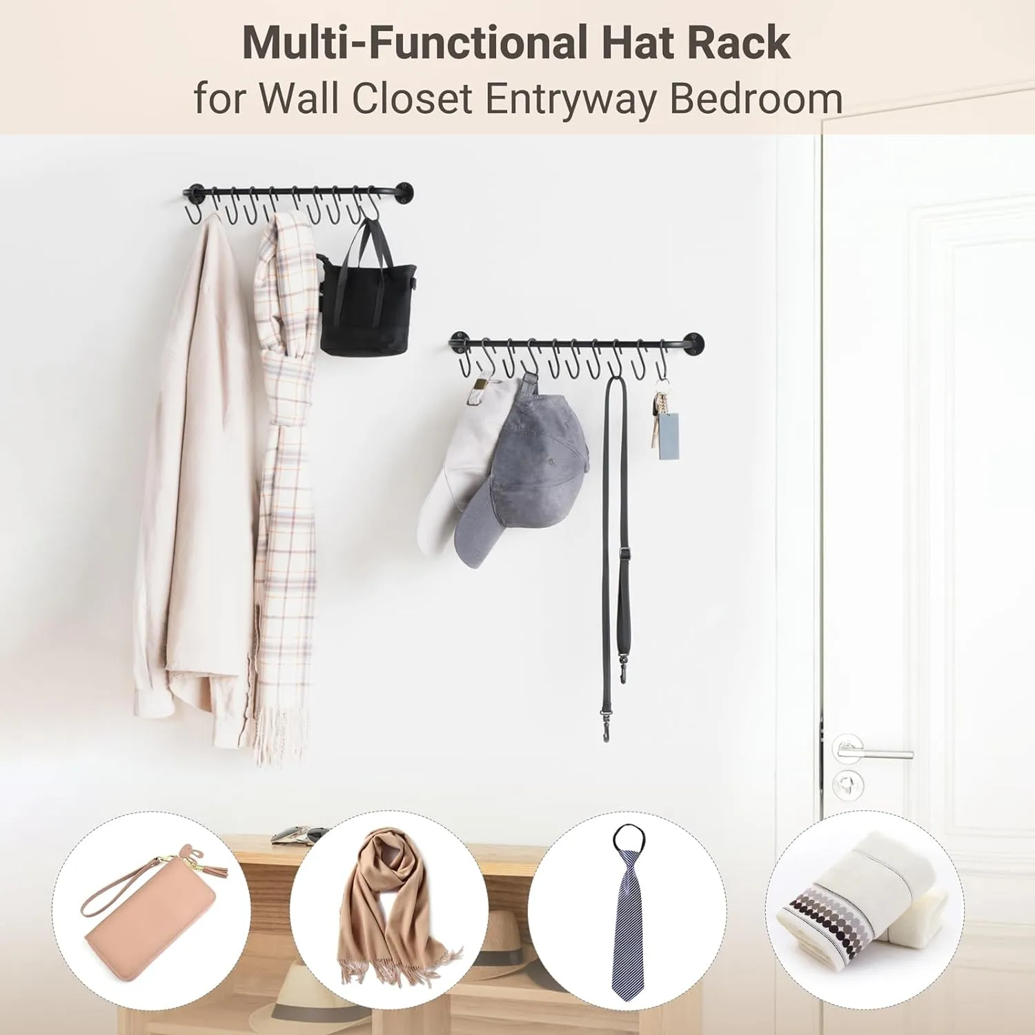 Mkono Hat Rack for Wall Baseball Cap Organizer Hanger with 20 Hooks Modern Metal Hat Holder Wall-Mounted Caps Display for Closet Door Bedroom Entryroom Laundry, Set of 2 Black