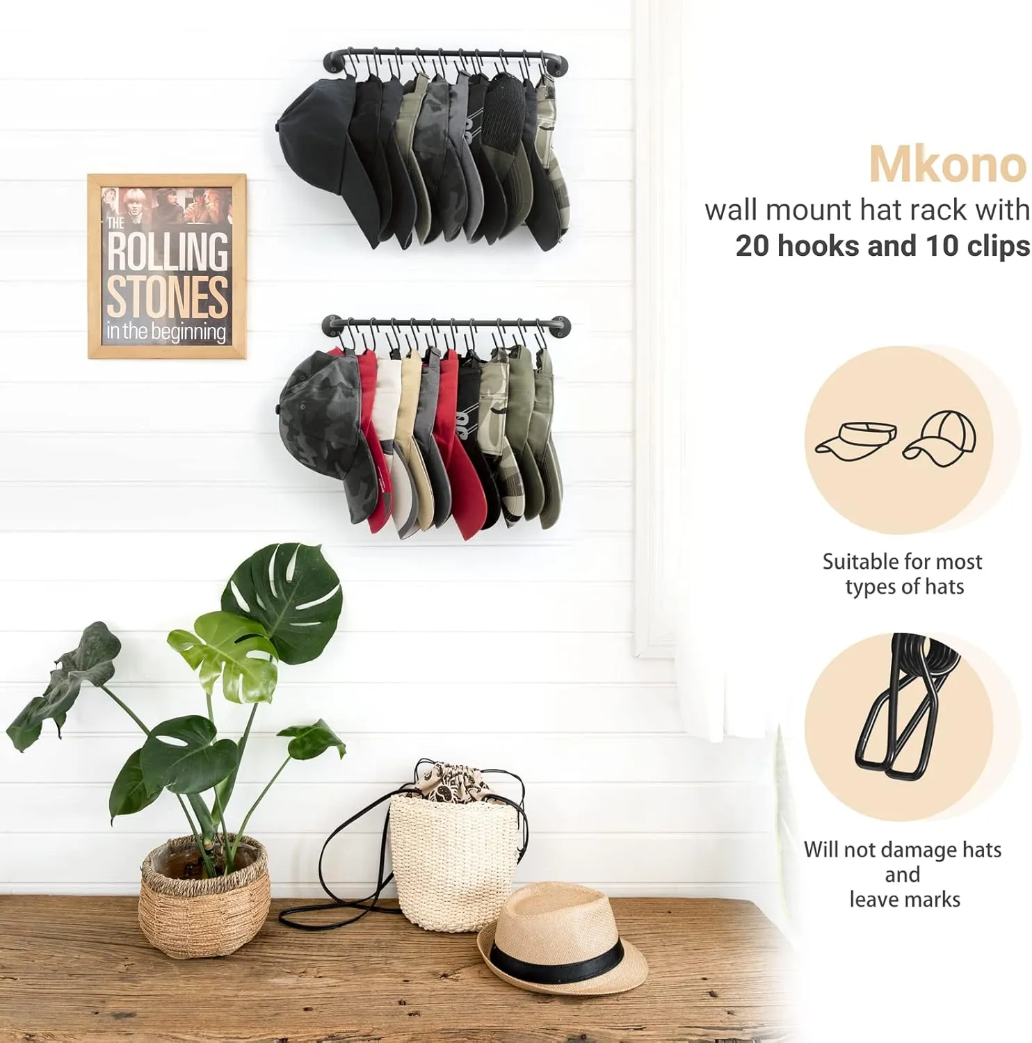 Mkono Hat Rack for Wall Baseball Cap Organizer Hanger with 20 Hooks Modern Metal Hat Holder Wall-Mounted Caps Display for Closet Door Bedroom Entryroom Laundry, Set of 2 Black
