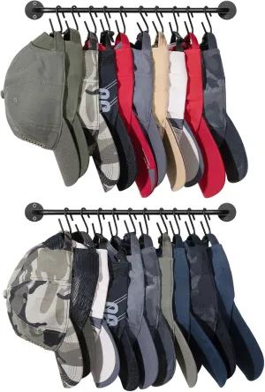 Mkono Hat Rack for Wall Baseball Cap Organizer Hanger with 20 Hooks Modern Metal Hat Holder Wall-Mounted Caps Display for Closet Door Bedroom Entryroom Laundry, Set of 2 Black