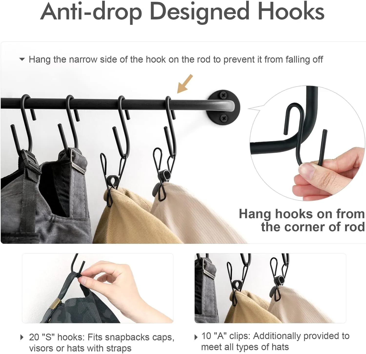 Mkono Hat Rack for Wall Baseball Cap Organizer Hanger with 20 Hooks Modern Metal Hat Holder Wall-Mounted Caps Display for Closet Door Bedroom Entryroom Laundry, Set of 2 Black