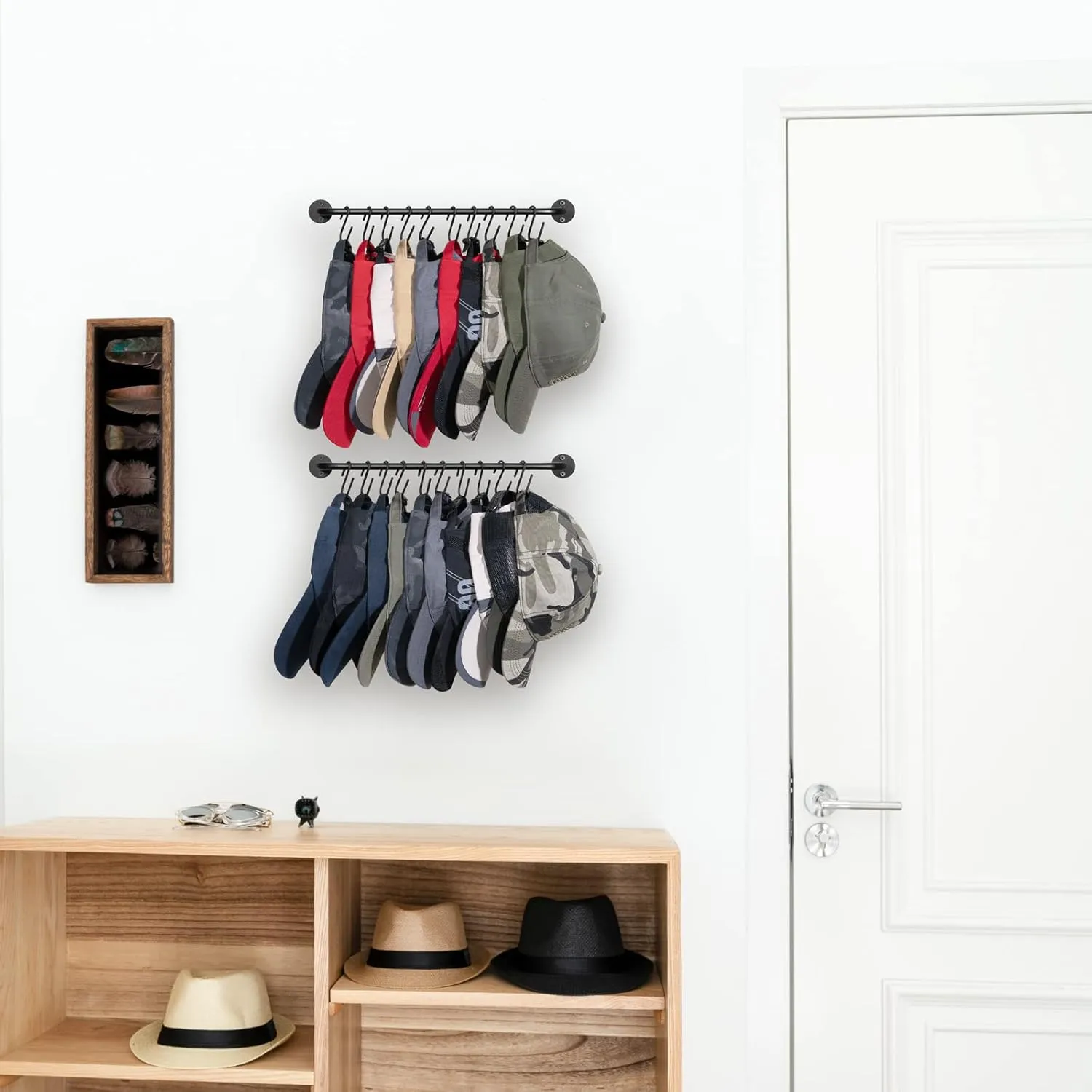 Mkono Hat Rack for Wall Baseball Cap Organizer Hanger with 20 Hooks Modern Metal Hat Holder Wall-Mounted Caps Display for Closet Door Bedroom Entryroom Laundry, Set of 2 Black