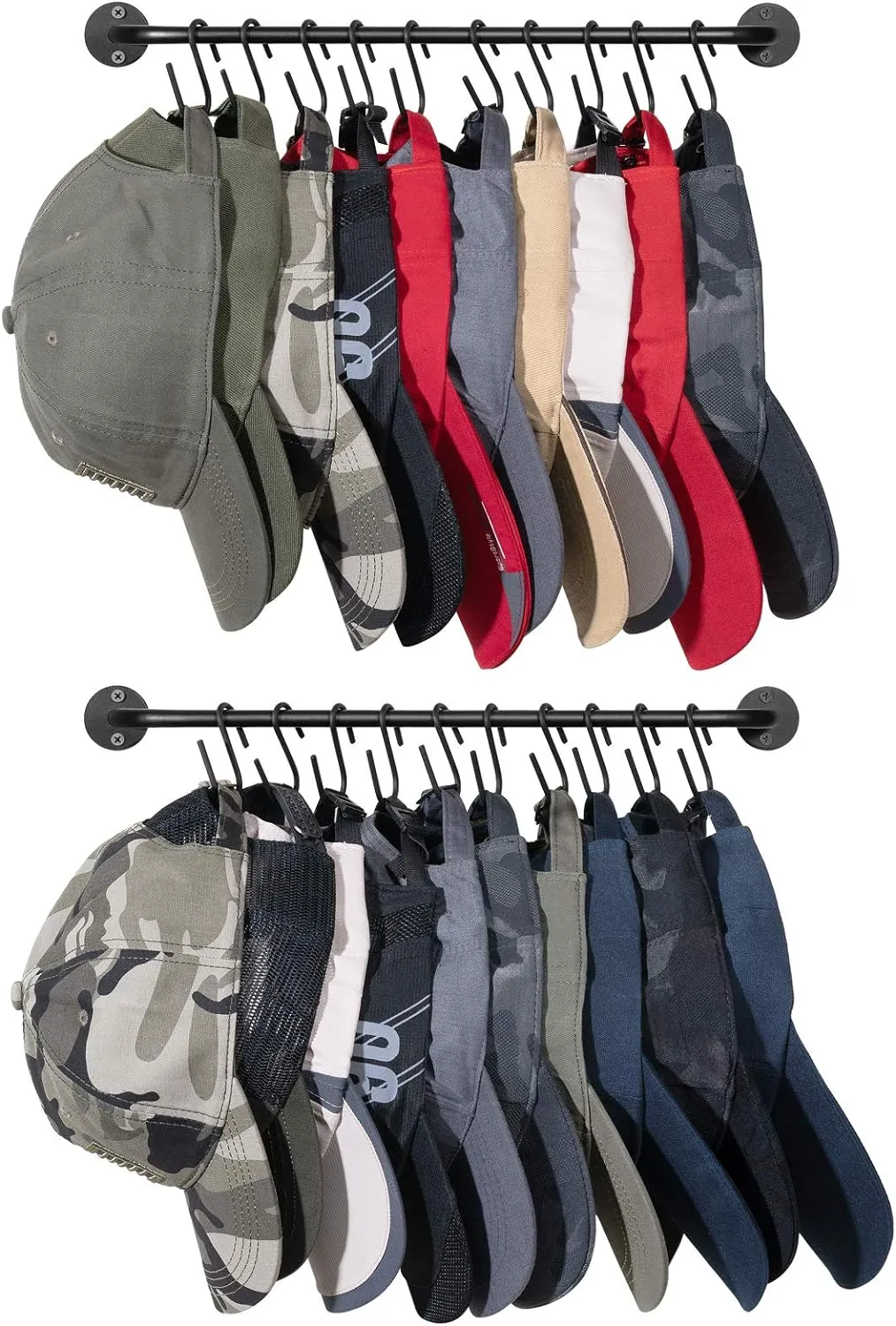 Mkono Hat Rack for Wall Baseball Cap Organizer Hanger with 20 Hooks Modern Metal Hat Holder Wall-Mounted Caps Display for Closet Door Bedroom Entryroom Laundry, Set of 2 Black