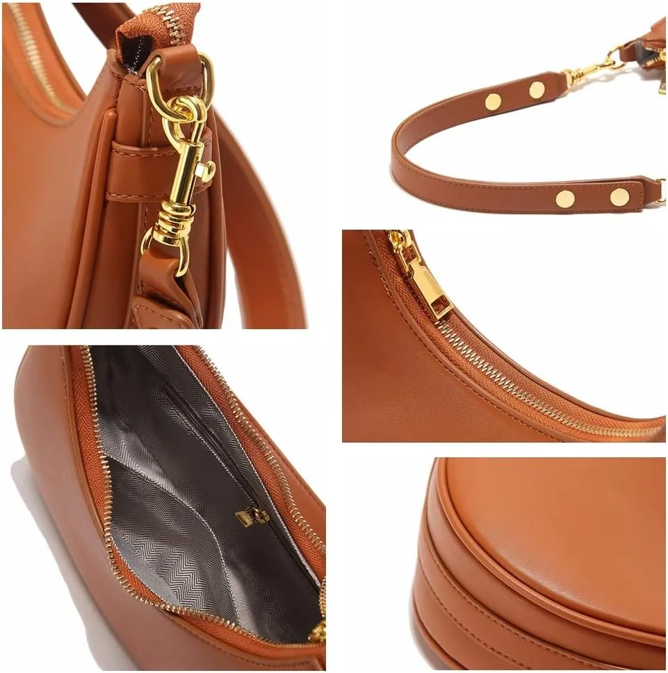 Mn&Sue Women's Leather Shoulder Purses Classic Medium Hobo Tote Bag Moon Crescent Design Ladies Handbag and Purse