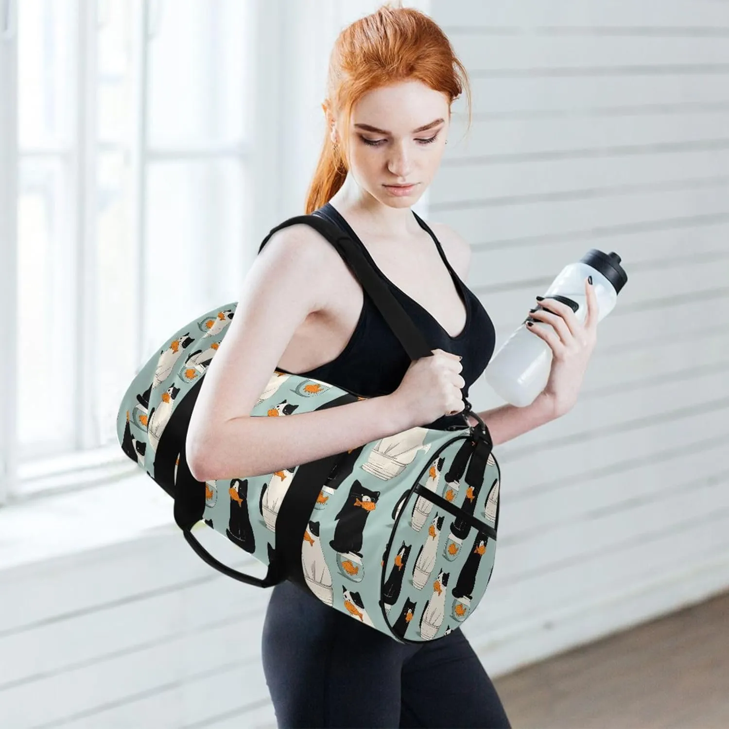MNSRUU Sports Duffel Bags, Fish Cat Athletic Gym Bag Overnight Workout Travel Tote Luggage for Men Women Yoga