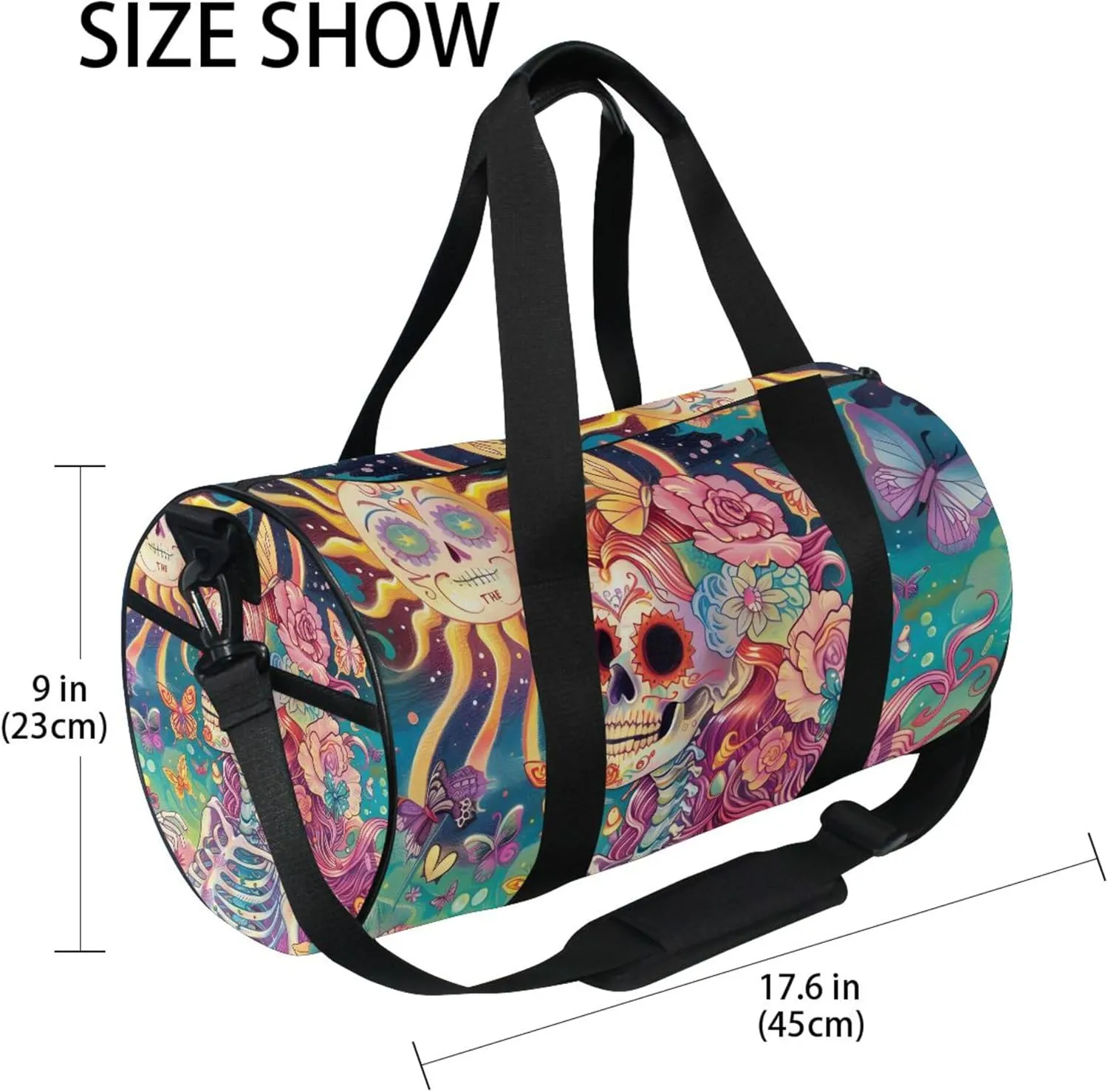 MNSRUU Sports Duffel Bags, Skeleton Woman with Flowers Athletic Gym Bag Overnight Workout Travel Tote Luggage for Men Women Yoga