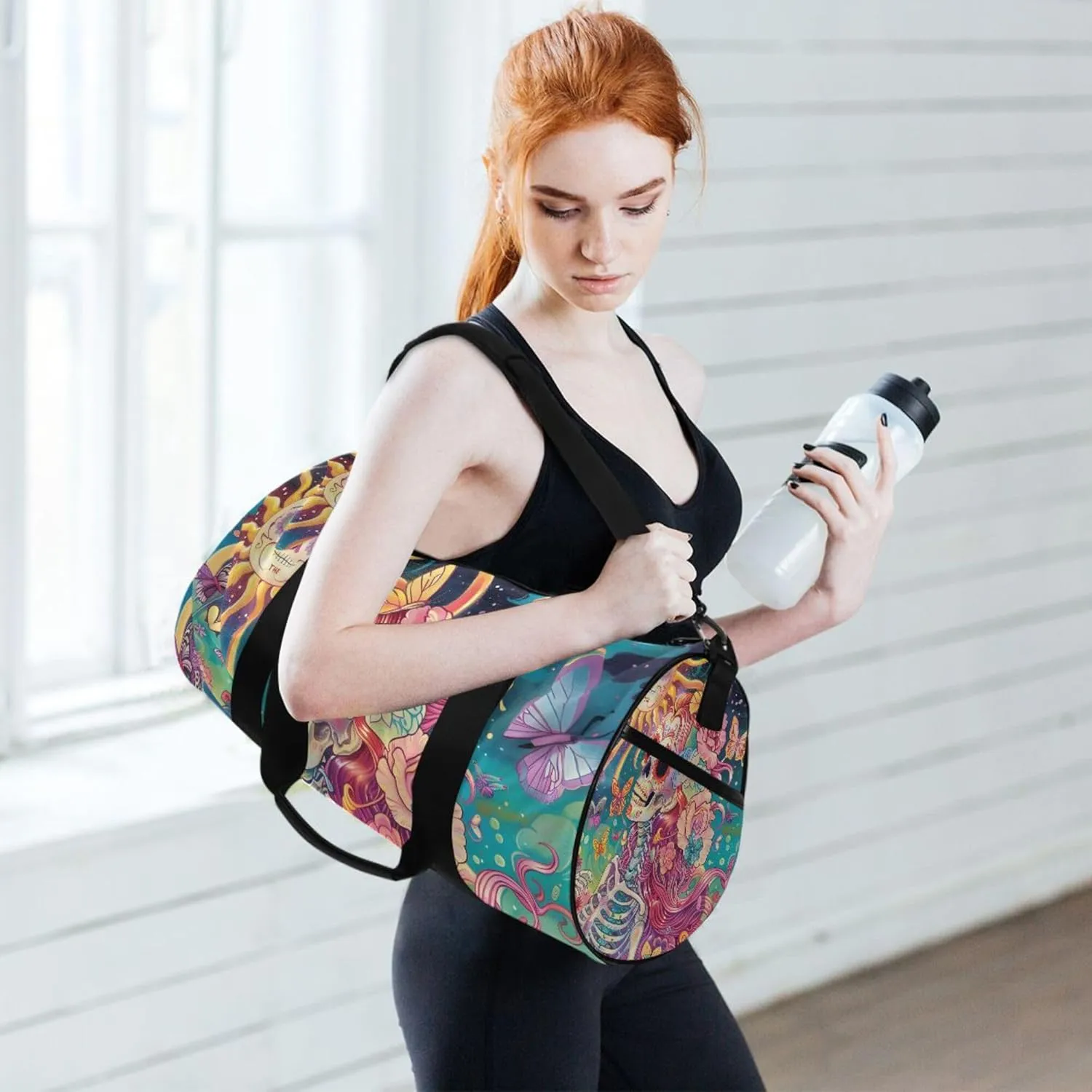 MNSRUU Sports Duffel Bags, Skeleton Woman with Flowers Athletic Gym Bag Overnight Workout Travel Tote Luggage for Men Women Yoga