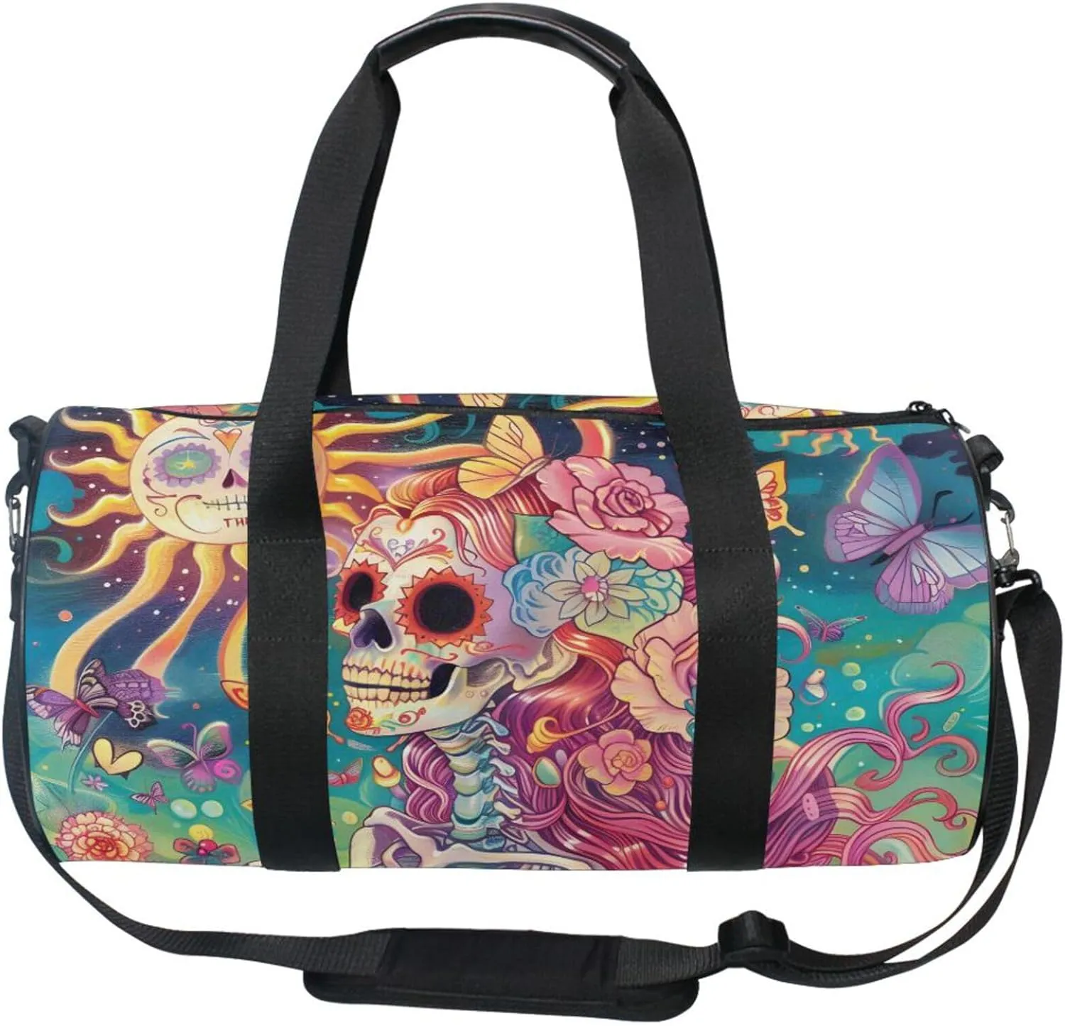 MNSRUU Sports Duffel Bags, Skeleton Woman with Flowers Athletic Gym Bag Overnight Workout Travel Tote Luggage for Men Women Yoga
