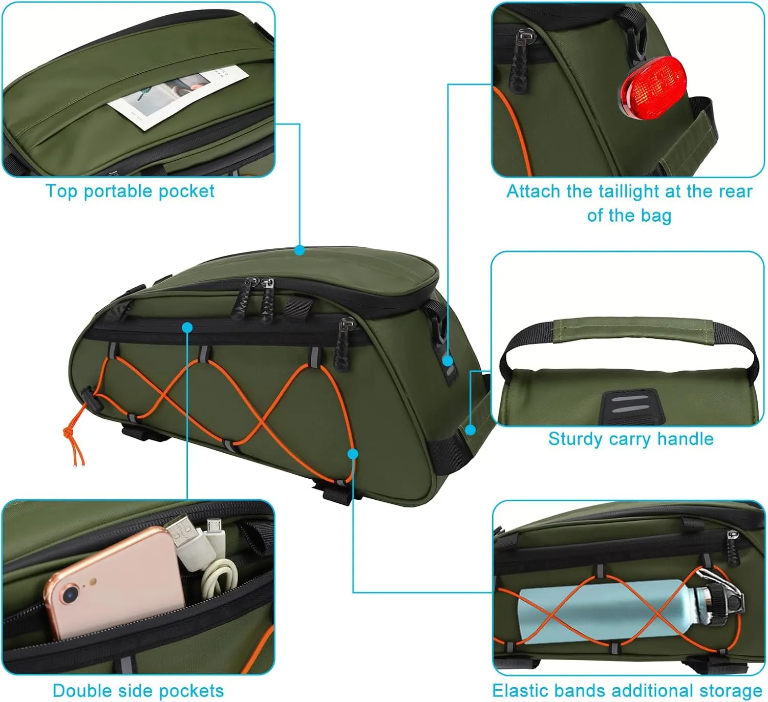 MOSISO Bike Rack Bag with 2 Removable Panniers, Waterproof Bike Trunk Cooler Storage Handbag Insulated Bicycle Rear Seat Pouch, Bicycle Storage Saddle Shoulder Bag Cycling Luggage Pouch, Army Green