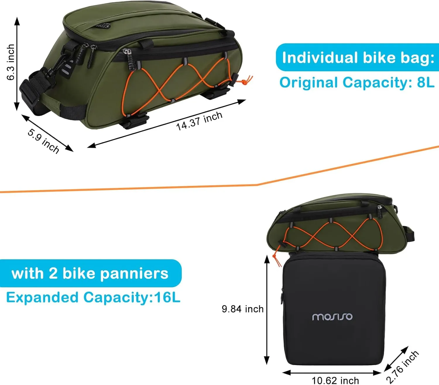 MOSISO Bike Rack Bag with 2 Removable Panniers, Waterproof Bike Trunk Cooler Storage Handbag Insulated Bicycle Rear Seat Pouch, Bicycle Storage Saddle Shoulder Bag Cycling Luggage Pouch, Army Green