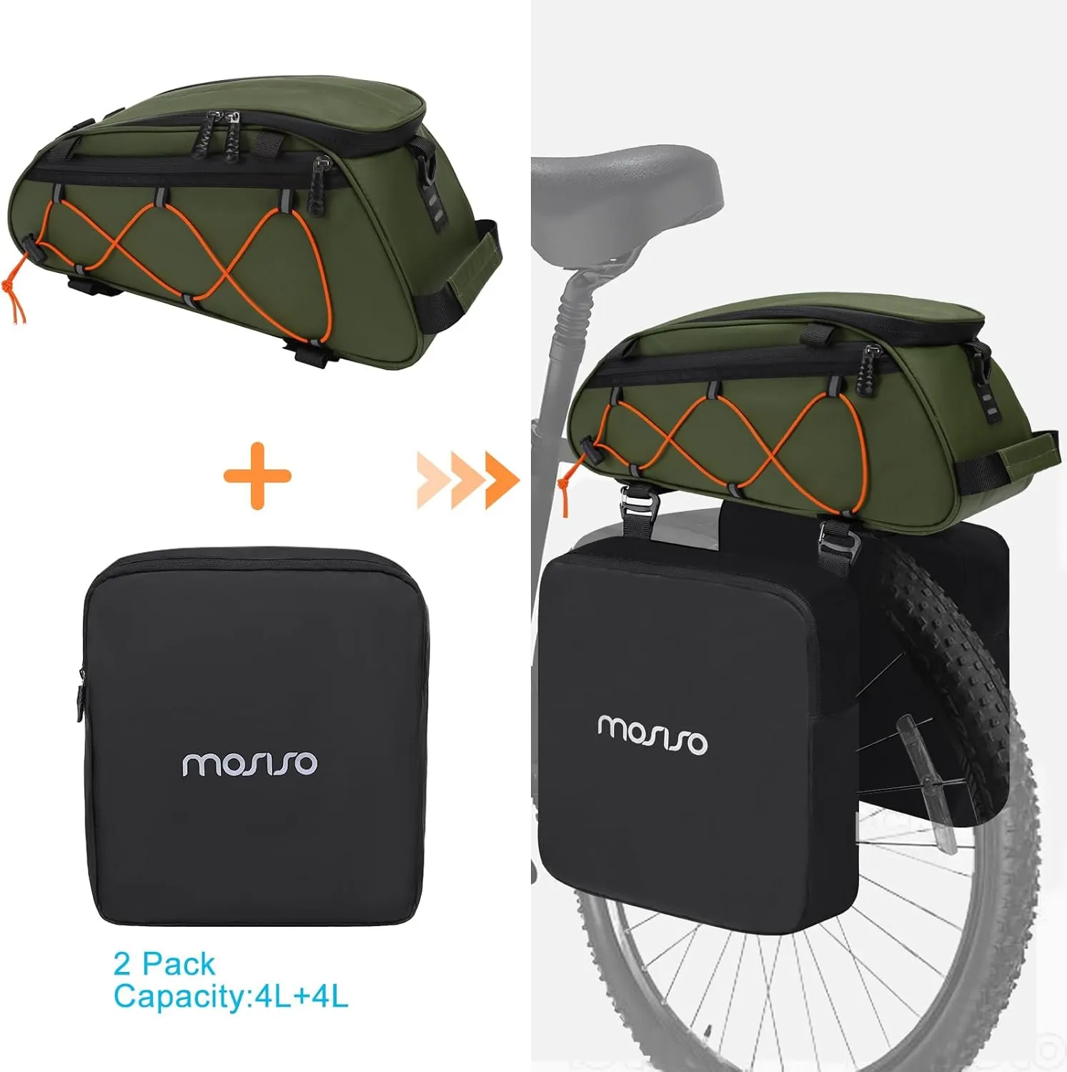MOSISO Bike Rack Bag with 2 Removable Panniers, Waterproof Bike Trunk Cooler Storage Handbag Insulated Bicycle Rear Seat Pouch, Bicycle Storage Saddle Shoulder Bag Cycling Luggage Pouch, Army Green