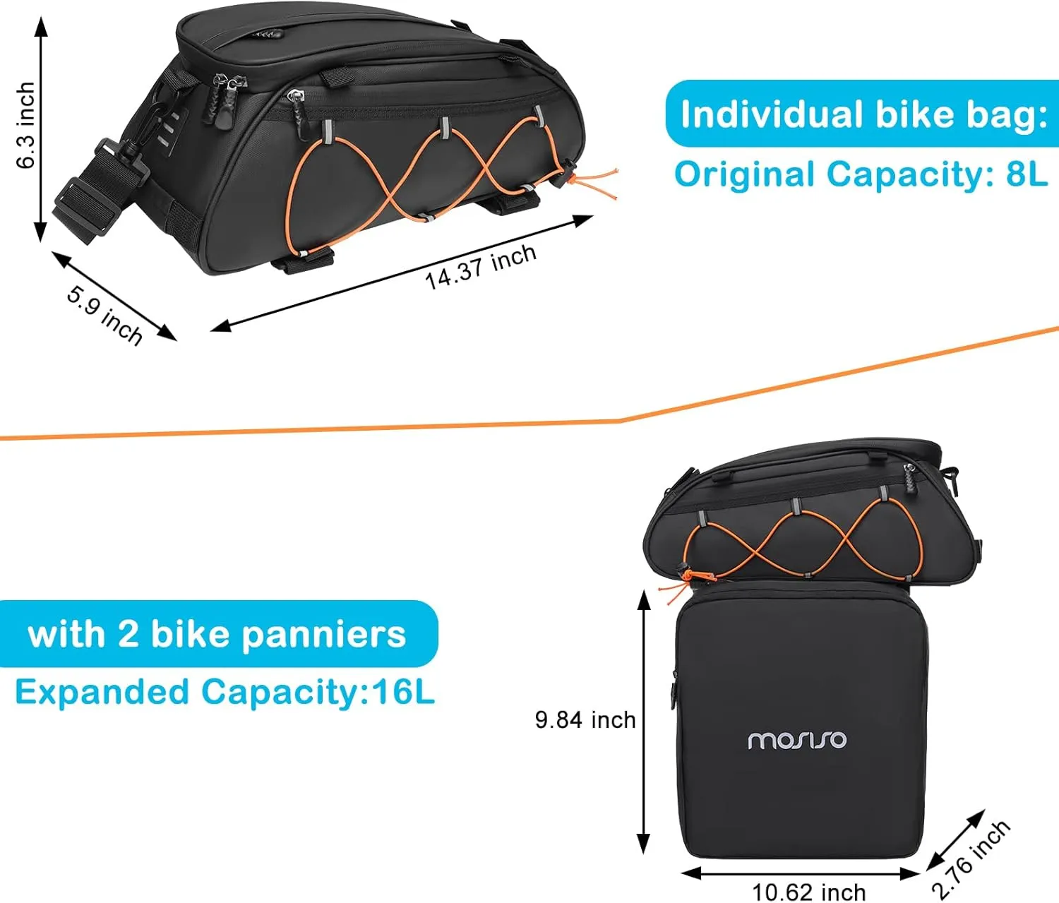 MOSISO Bike Rack Bag with 2 Removable Panniers, Waterproof Bike Trunk Cooler Storage Handbag Insulated Bicycle Rear Seat Pouch, Bicycle Storage Saddle Shoulder Bag Cycling Luggage Pouch, Black
