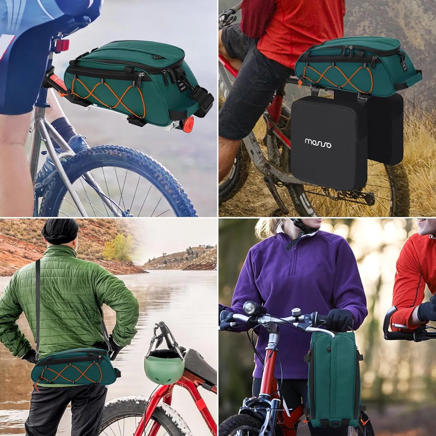 MOSISO Bike Rack Bag with 2 Removable Panniers, Waterproof Bike Trunk Cooler Storage Handbag Insulated Bicycle Rear Seat Pouch, Bicycle Storage Saddle Shoulder Bag Cycling Luggage Pouch, Teal Green