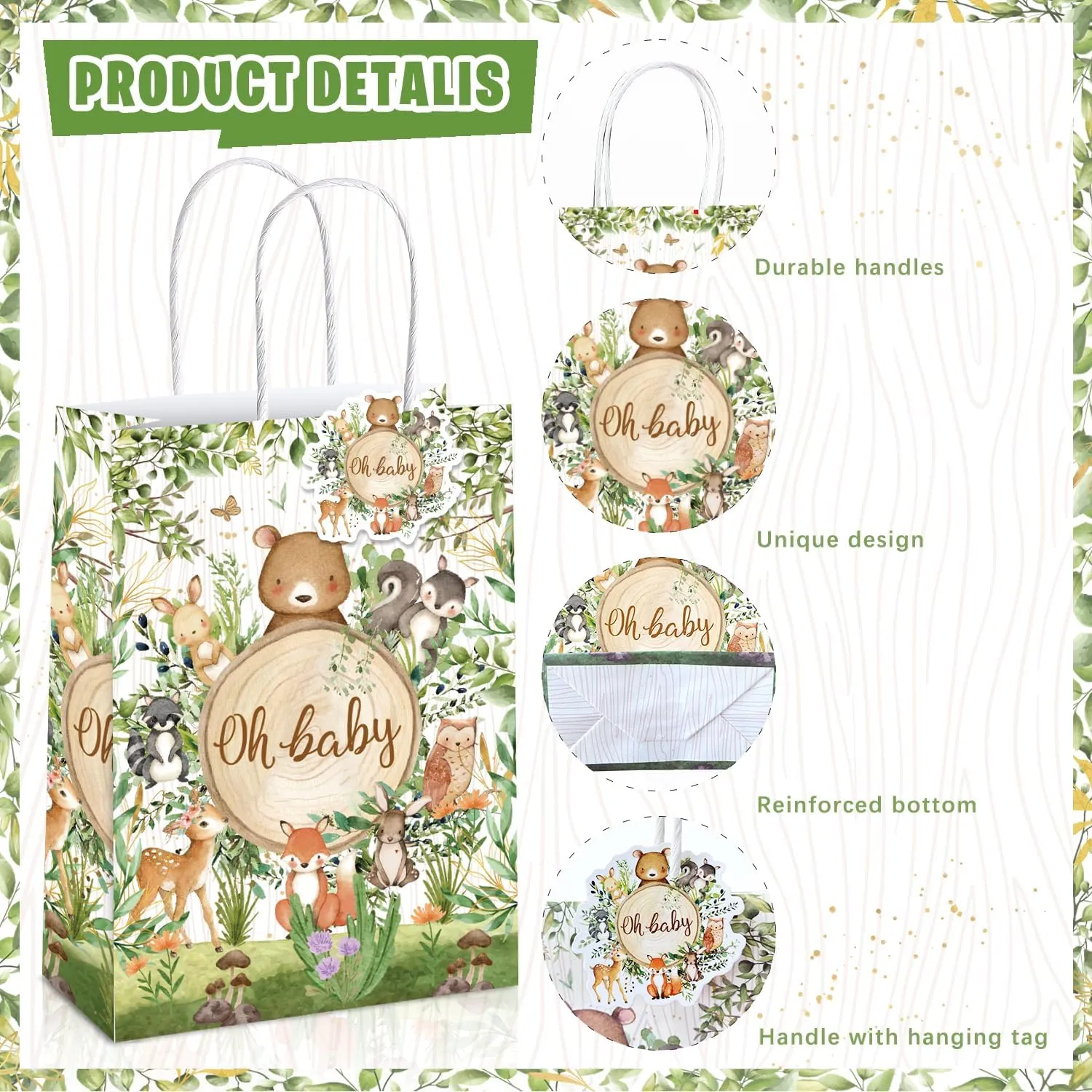 Mpanwen Woodland Goodie Bags, 16 Pcs Woodsy Forest Baby Shower Party Favor Candy Treat Gifts Bags With Handle for Baby Shower Holiday Party Decorations