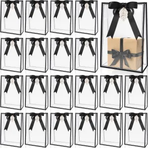 Muglunar 21 Pack Clear Plastic Gift Bags with Die Cut Handles & Ribbon Tags - Elegant Black Border, Reusable PP Favor Bags for Bridal Birthday Baby Shower Party Busines, 7x10x3.15 Inch