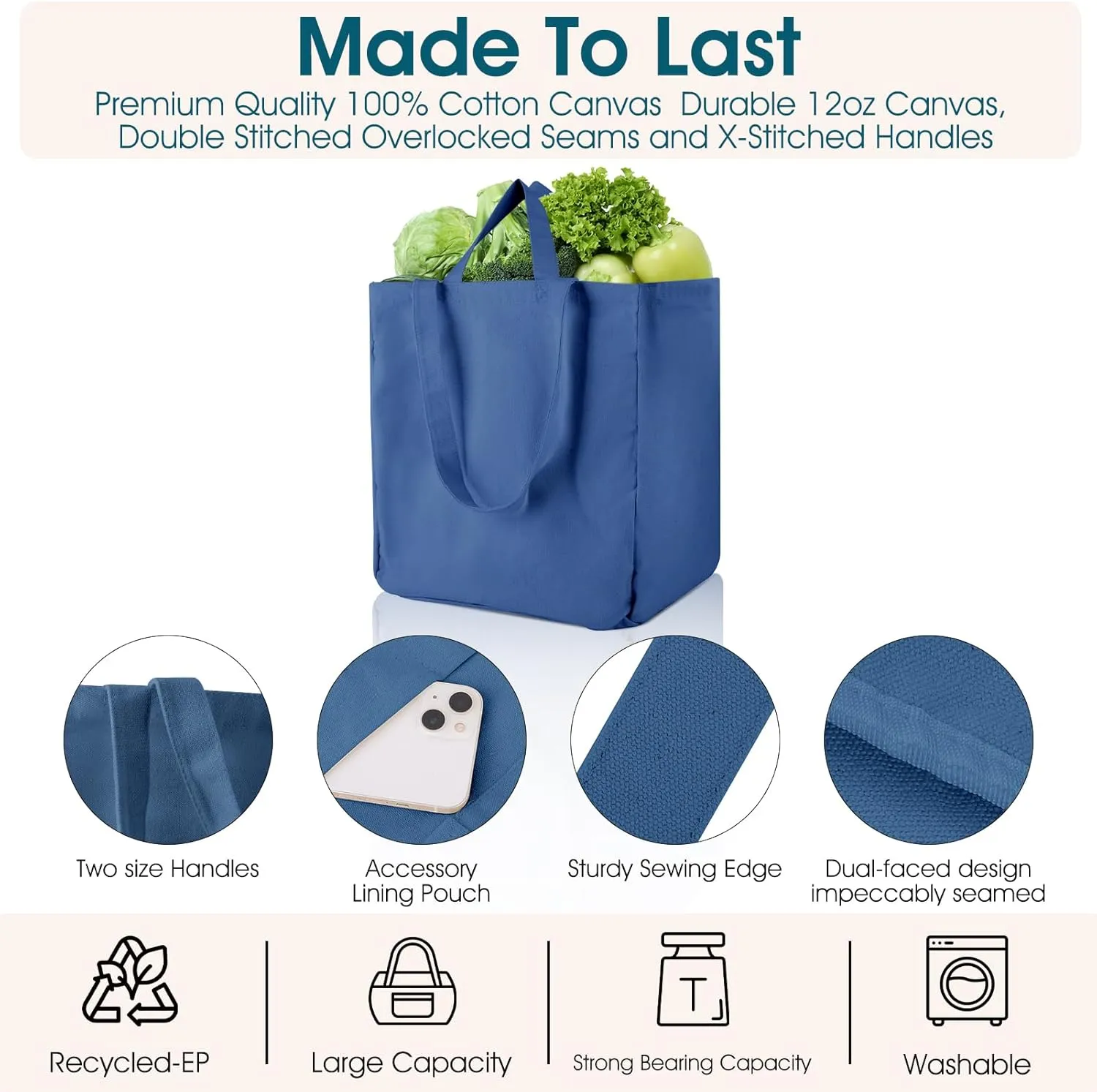 musbus Large Canvas Tote Bag-Organic Cotton, Shopping/Farmers Market, 3-Pack Reusable Grocery Bags with Pockets/Bottle Sleeves, Eco-Friendly, Long Shoulder Strap and Short Handle, Foldable, Washable
