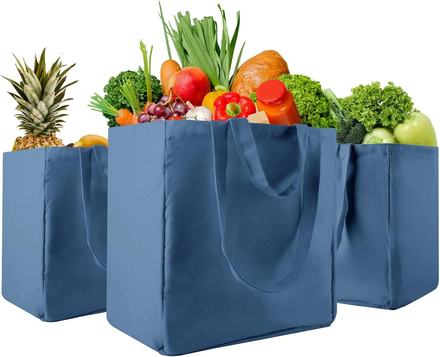 musbus Large Canvas Tote Bag-Organic Cotton, Shopping/Farmers Market, 3-Pack Reusable Grocery Bags with Pockets/Bottle Sleeves, Eco-Friendly, Long Shoulder Strap and Short Handle, Foldable, Washable