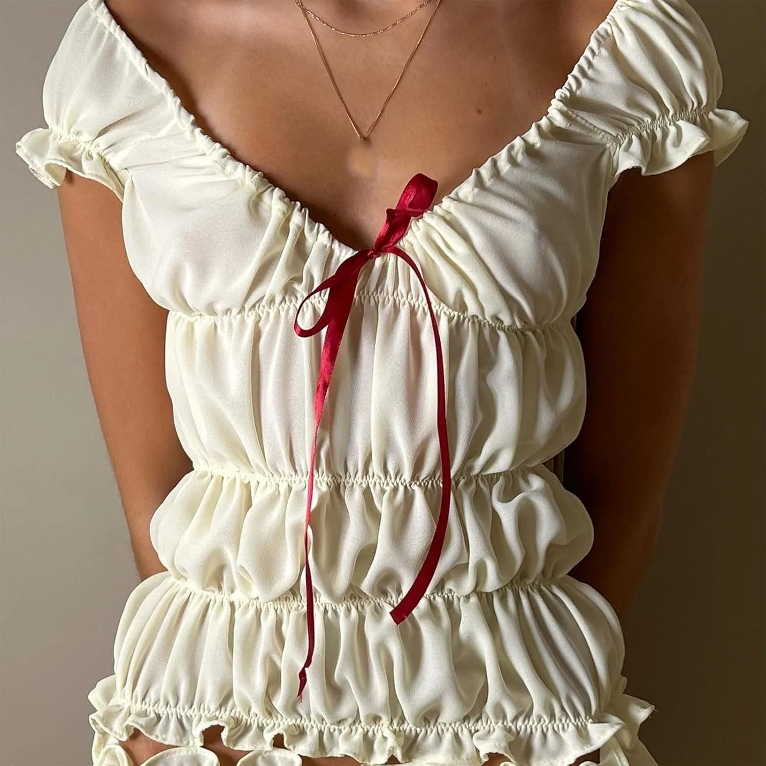 Mxiqqpltky 2 Piece Skirt Sets for Women Ruffle Short Sleeve Tie Up Crop Top & Elastic Waist Pleated Mini Skirt Set Y2K Outfit