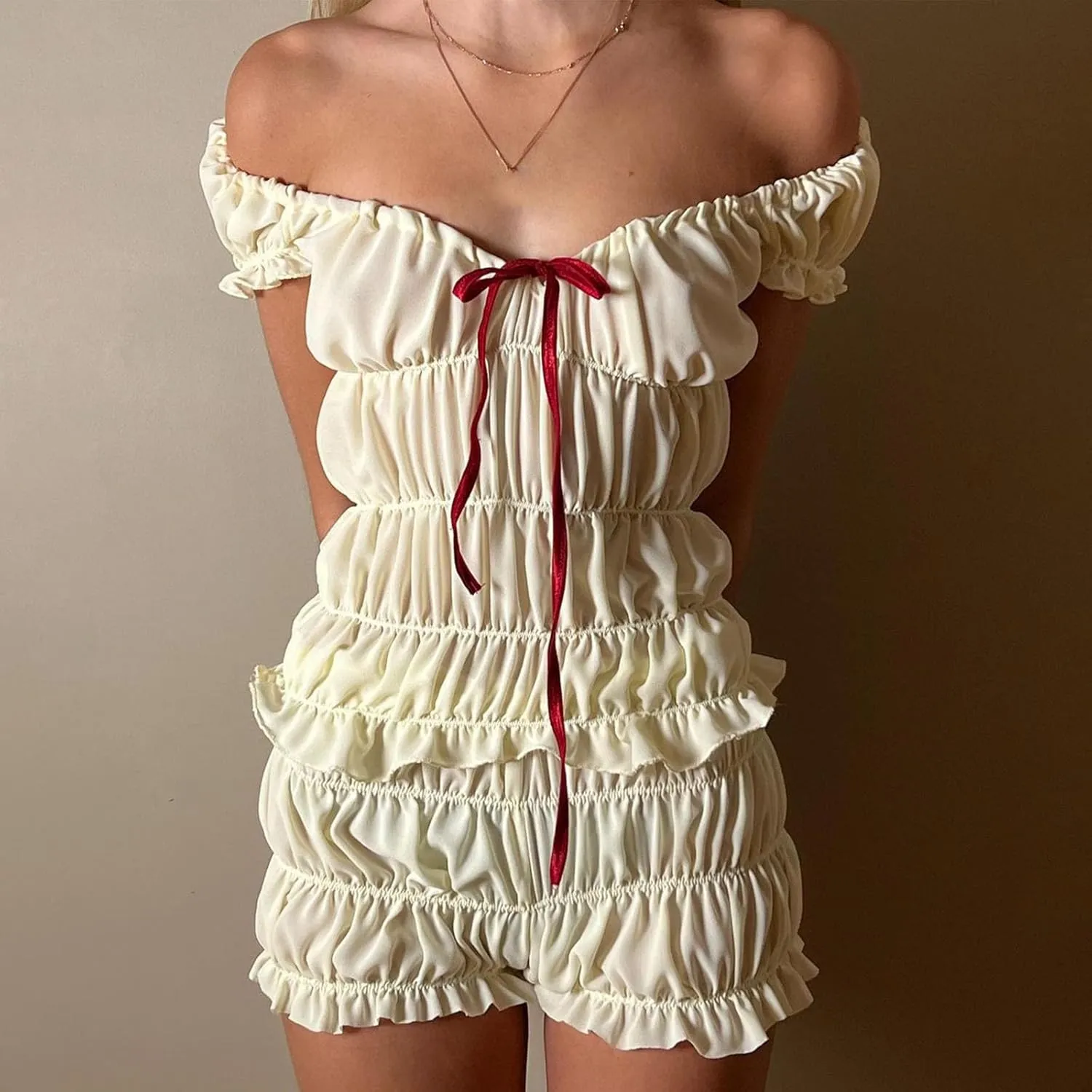 Mxiqqpltky 2 Piece Skirt Sets for Women Ruffle Short Sleeve Tie Up Crop Top & Elastic Waist Pleated Mini Skirt Set Y2K Outfit