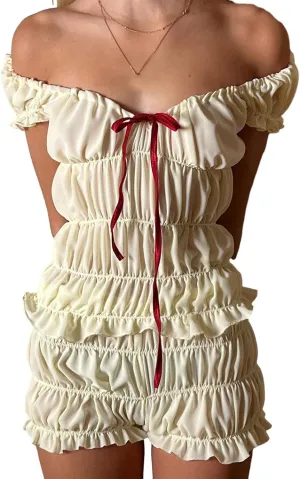 Mxiqqpltky 2 Piece Skirt Sets for Women Ruffle Short Sleeve Tie Up Crop Top & Elastic Waist Pleated Mini Skirt Set Y2K Outfit
