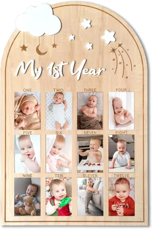 My First Year Wooden Photo Board, Baby’s First Year Picture Frame, One Year Birthday Photo Display Wood Board, 12 Months Milestone Board Photo Frame, Gift for Newborn Baby 1st Birthday Memories Nursery Decoration (Star)