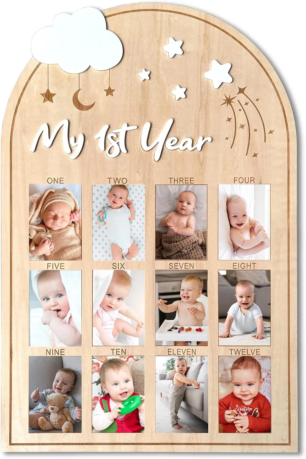 My First Year Wooden Photo Board, Baby’s First Year Picture Frame, One Year Birthday Photo Display Wood Board, 12 Months Milestone Board Photo Frame, Gift for Newborn Baby 1st Birthday Memories Nursery Decoration (Star)
