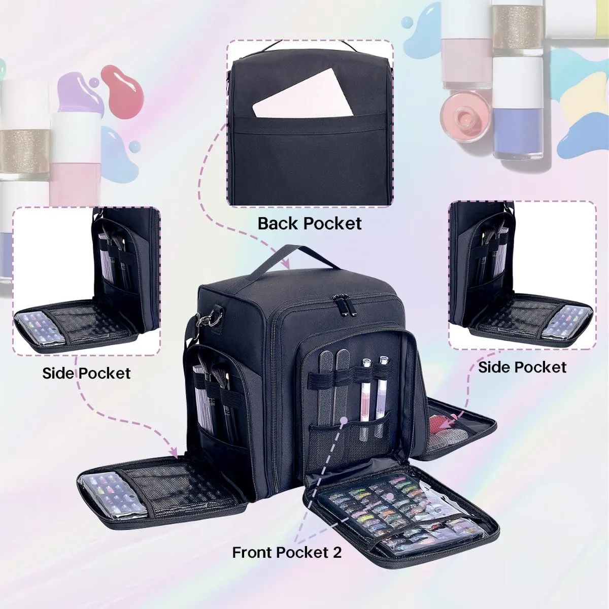 Nail Polish Organizer Holds 60 Bottles and a Nail Lamp,Portable Travel Case with 2 Removable Bags and Tools Storage Pockets Black