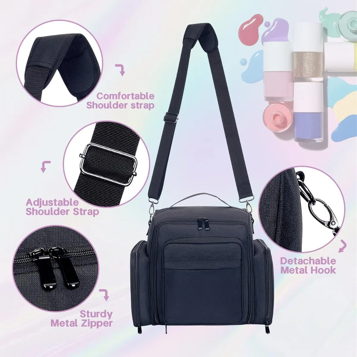 Nail Polish Organizer Holds 60 Bottles and a Nail Lamp,Portable Travel Case with 2 Removable Bags and Tools Storage Pockets Black
