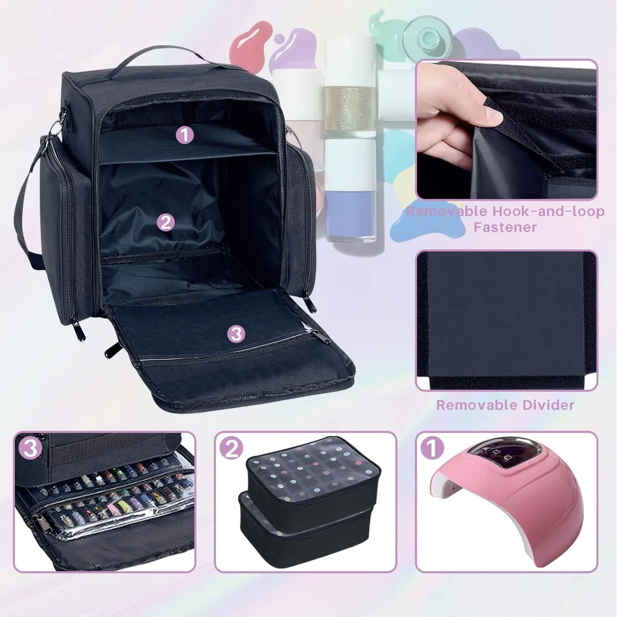Nail Polish Organizer Holds 60 Bottles and a Nail Lamp,Portable Travel Case with 2 Removable Bags and Tools Storage Pockets Black
