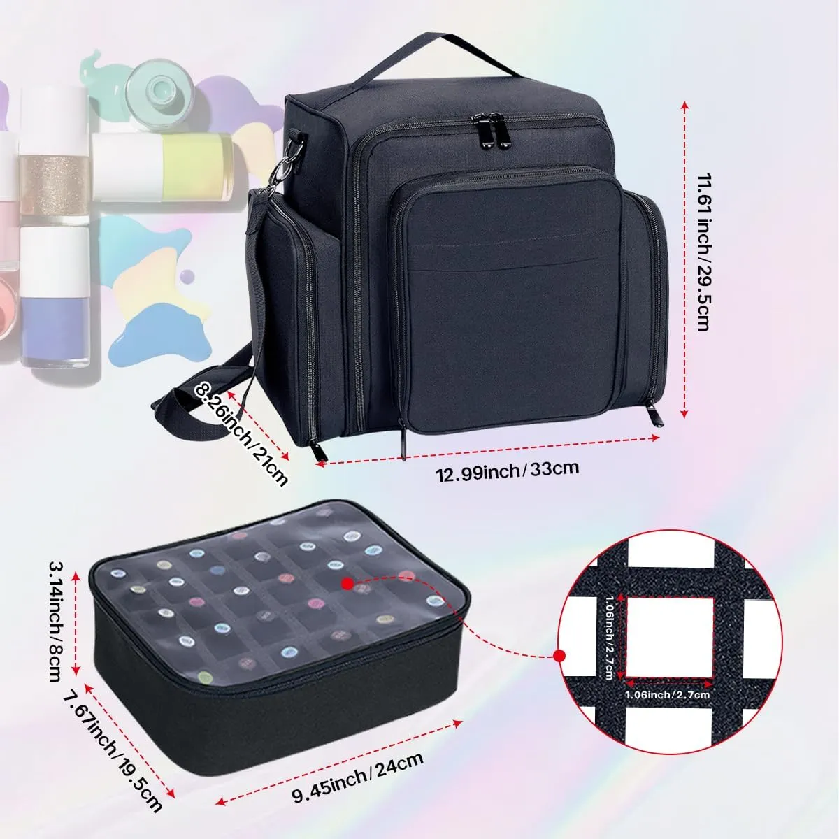 Nail Polish Organizer Holds 60 Bottles and a Nail Lamp,Portable Travel Case with 2 Removable Bags and Tools Storage Pockets Black