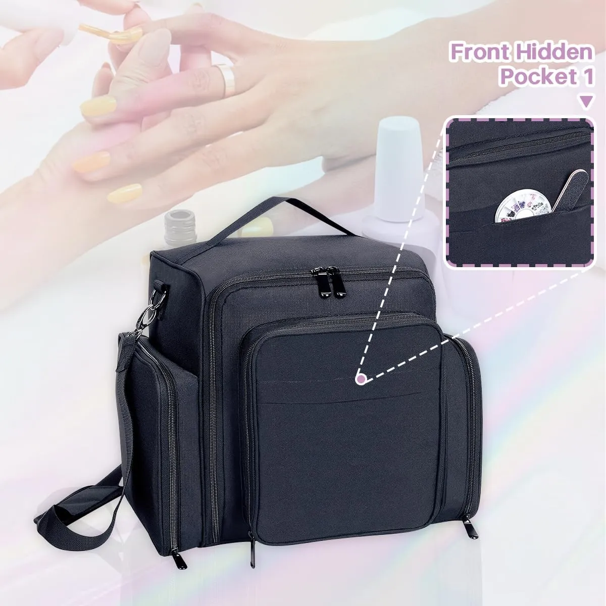 Nail Polish Organizer Holds 60 Bottles and a Nail Lamp,Portable Travel Case with 2 Removable Bags and Tools Storage Pockets Black