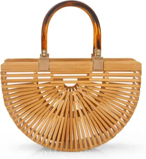 Natural Women's Tote Bamboo Purse by Handmade Beach Straw Purse for Summer