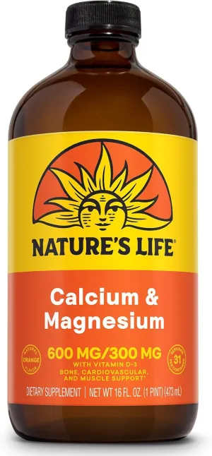 NATURE'S LIFE Liquid Calcium Magnesium Supplement with Vitamin D 3 - Bone Health, Muscle, Heart Health and Immune Support - Natural Orange Flavor, 60-Day Guarantee, Lab Verified, 31 Servings, 16 FL OZ
