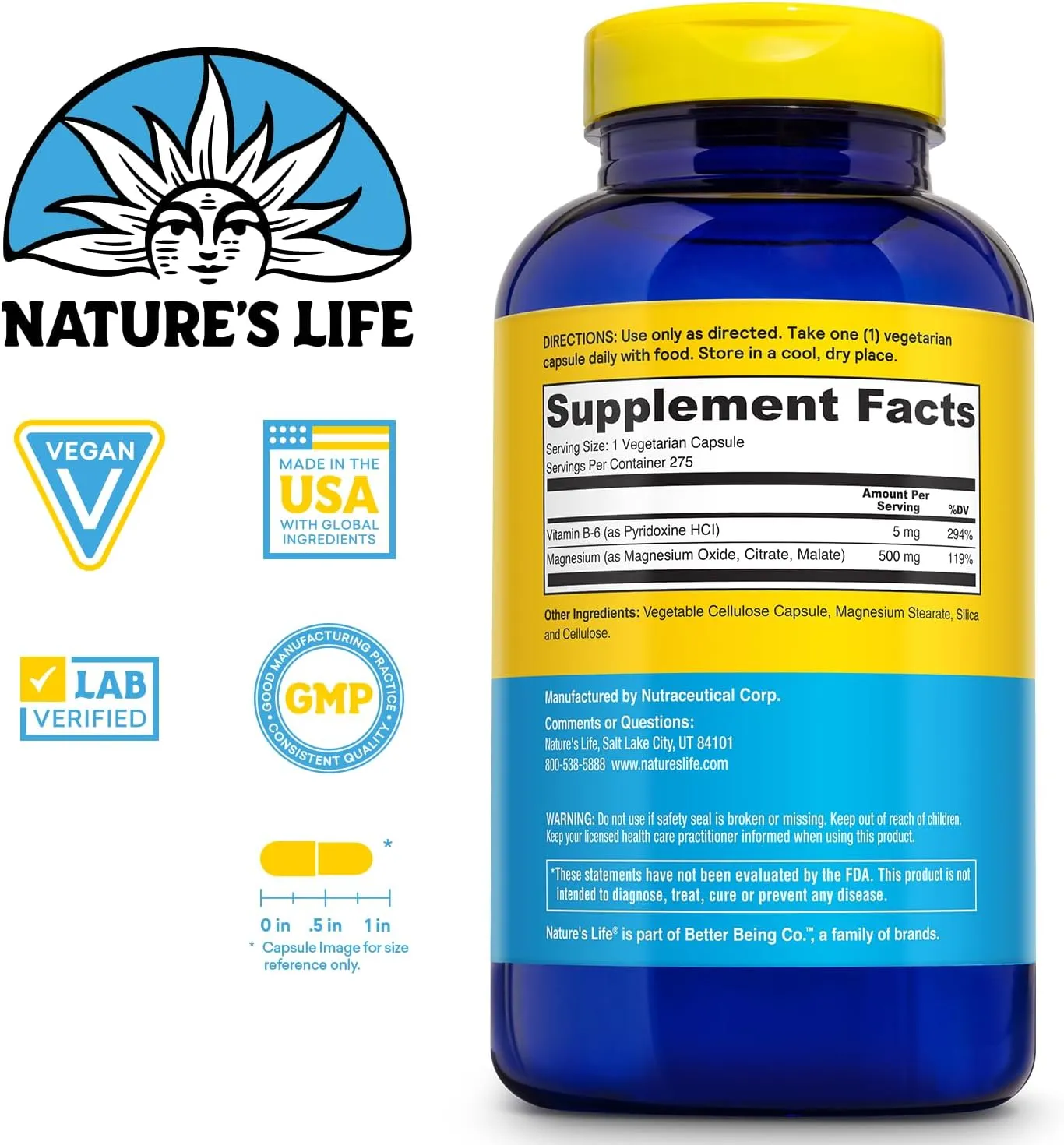 Nature's Life Renewing Magnesium 500 mg - Magnesium Citrate, Magnesium Malate, Magnesium Oxide Plus Vitamin B-6 - Muscles and Nerves Support - Lab Verified - 275 Servings, 275 VegCaps